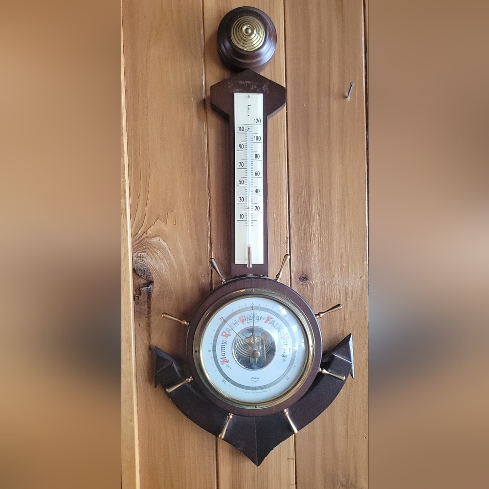 Nautical Ship Wheel Barometer in Brown and Gold
